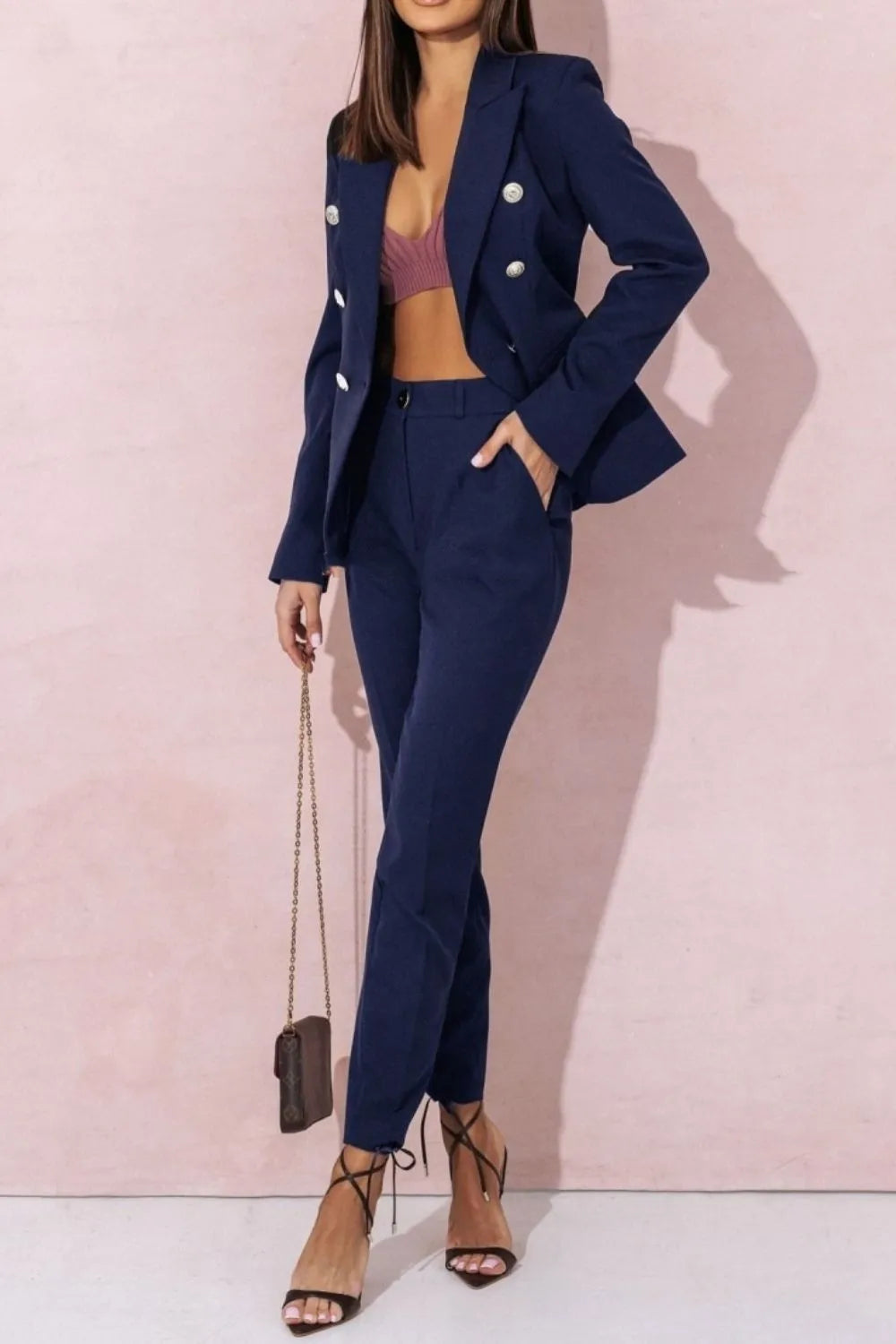 Full Size Lapel Collar Long Sleeve Blazer and Pants Set Plus Size - felvior