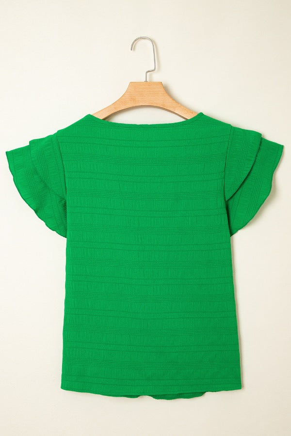 Textured Ruffled Sleeve Round Neck Top - felvior