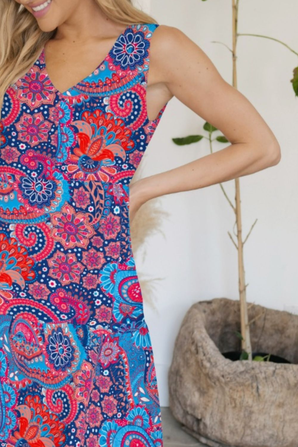 FAM-FAM Tiered Printed V-Neck Sleeveless Dress - felvior