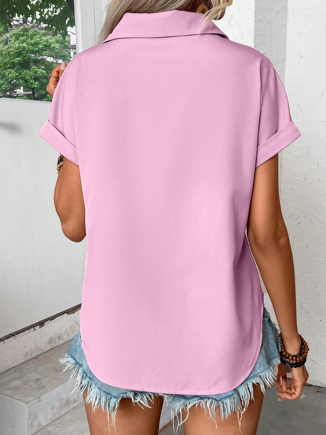 Pleated Detail Collared Neck Short Sleeve Shirt - felvior