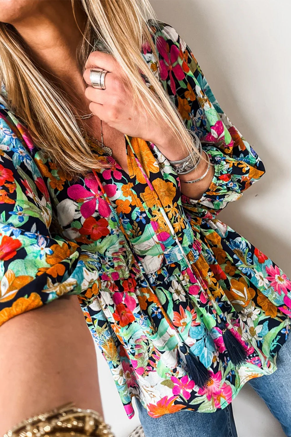Floral Tie Neck Balloon Sleeve Blouse - felvior
