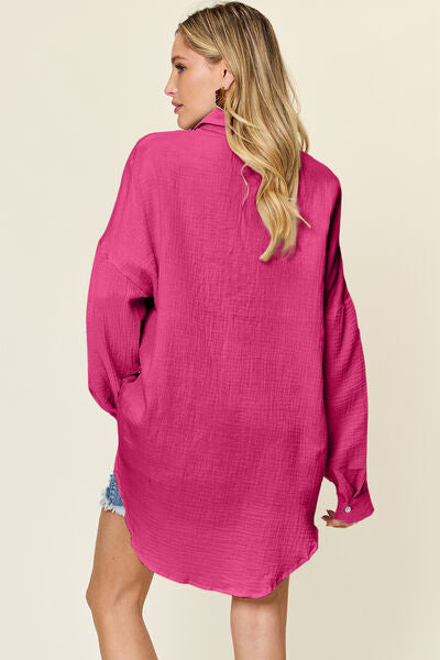 Double Take Full Size Pocketed Texture Button Up Shirt - felvior