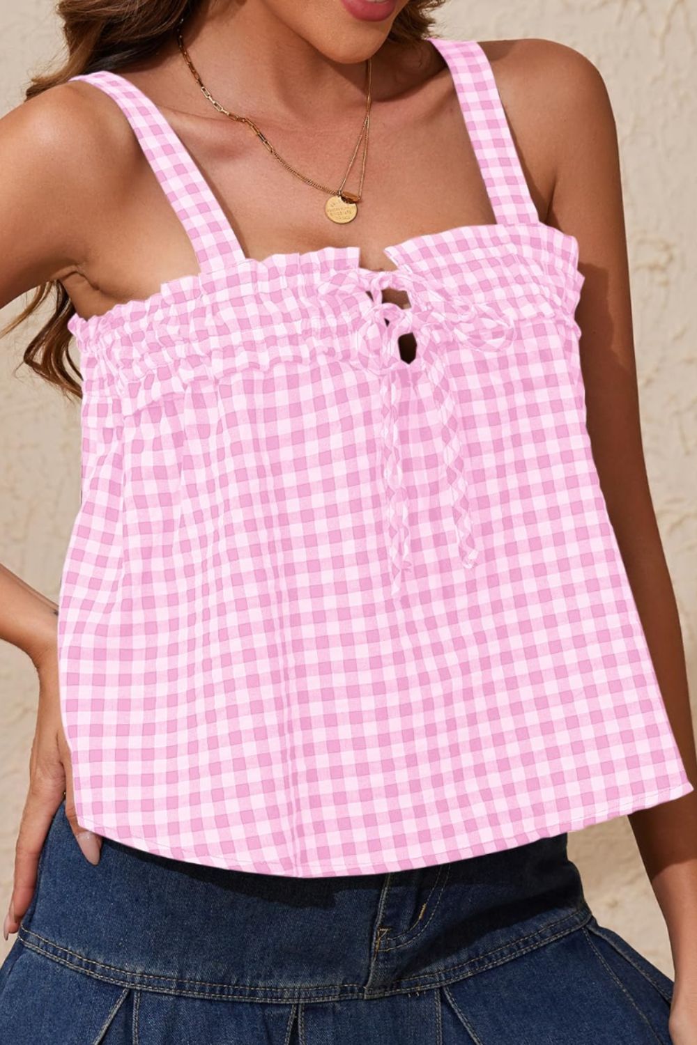Tied Front Textured Square Neck Cami - felvior