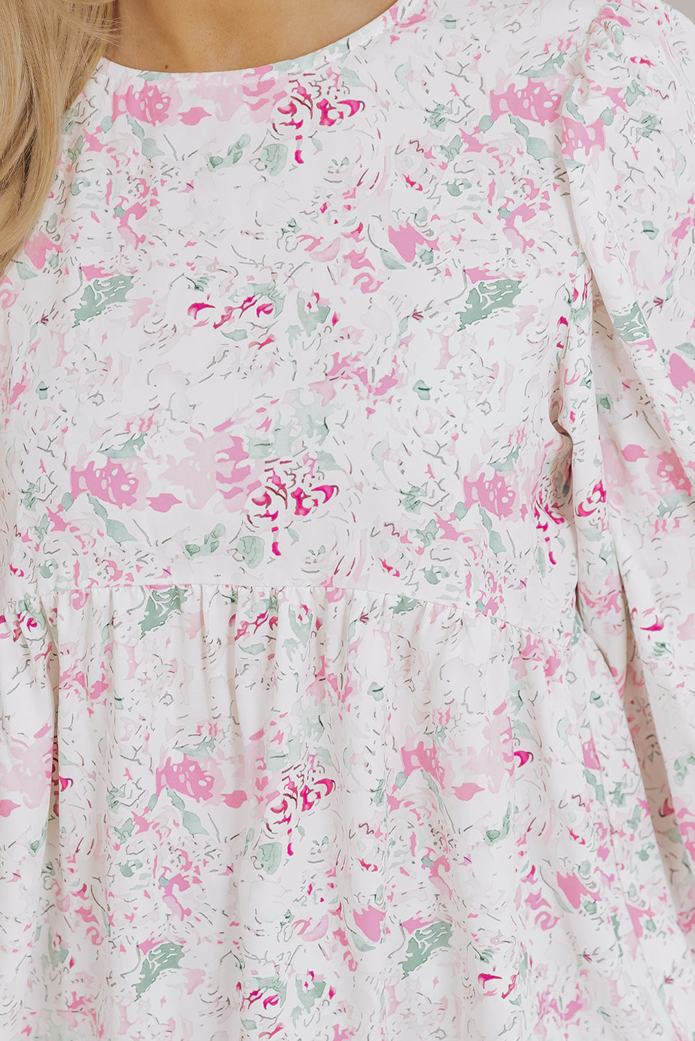 Printed Round Neck Long Sleeve Blouse - felvior