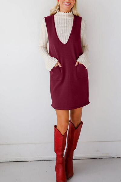 Lovelet Pocketed V-Neck Mini Sweater Overall Dress