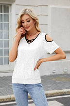 Sequin Crisscross V-Neck Cold Shoulder Blouse