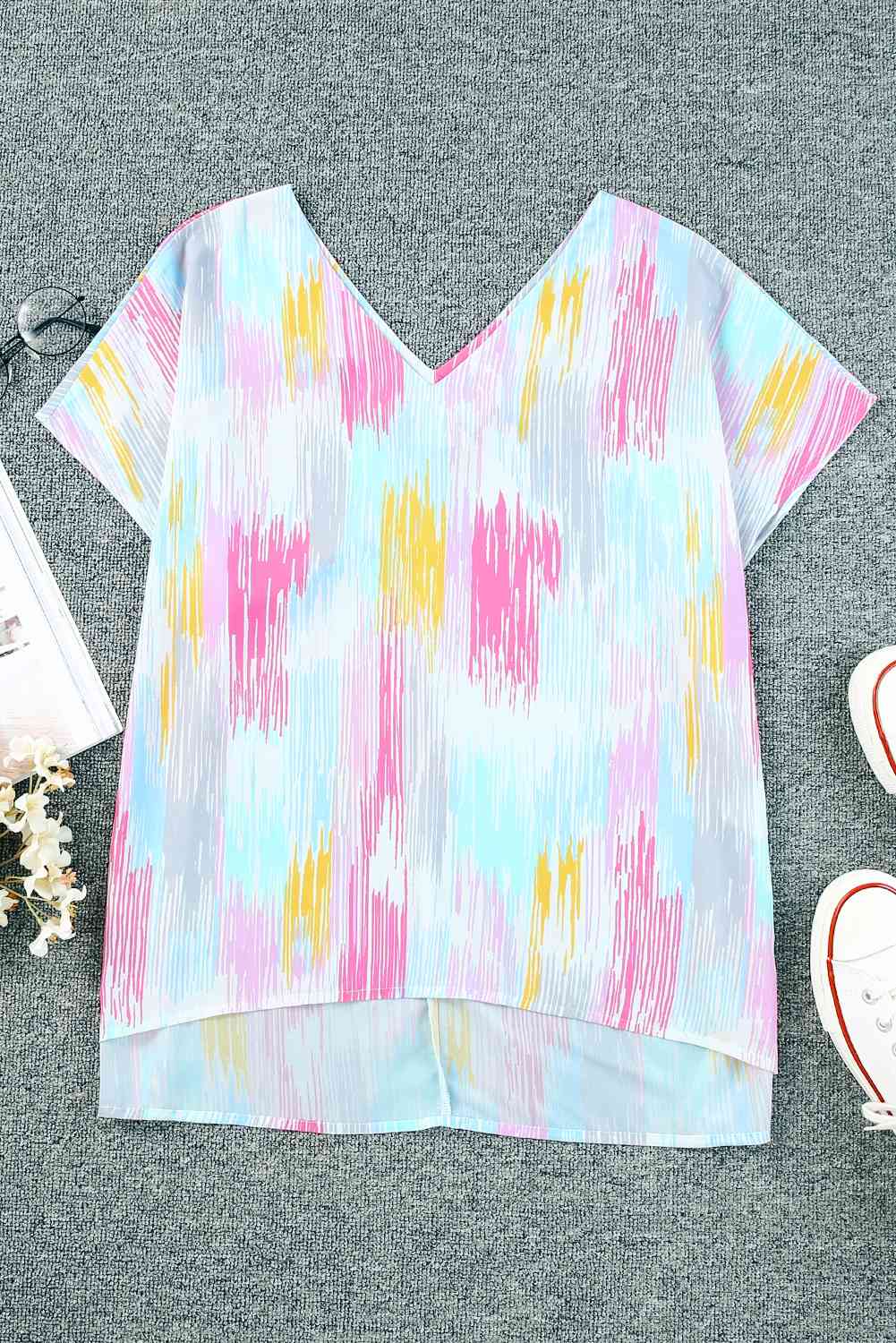 High-Low V-Neck Short Sleeve Blouse - felvior