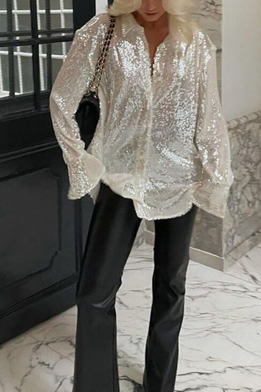 Sequin Button Up Long Sleeve Shirt - felvior