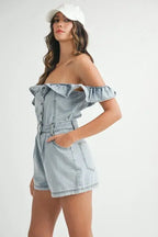 MABLE Off Shoulder Ruffle Detail Denim Romper