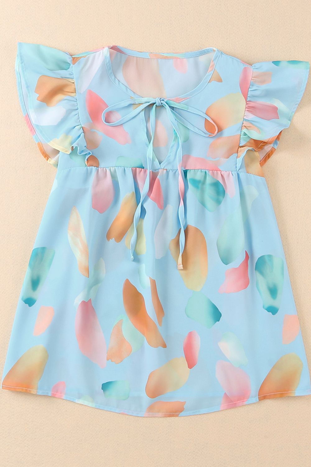 Splotches Pattern Ruffled Cap Sleeve Blouse