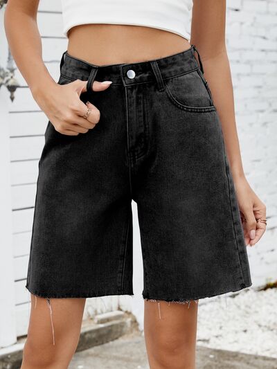 Washed Raw Hem Denim Shorts - felvior
