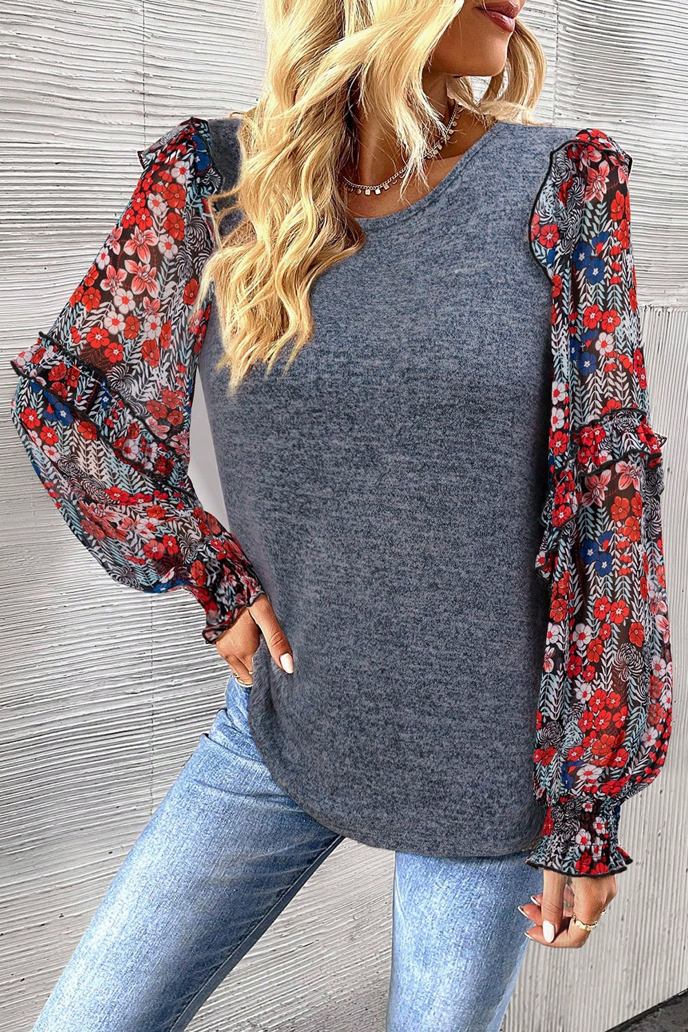 Heathered Floral Frill Lantern Sleeve Blouse - felvior
