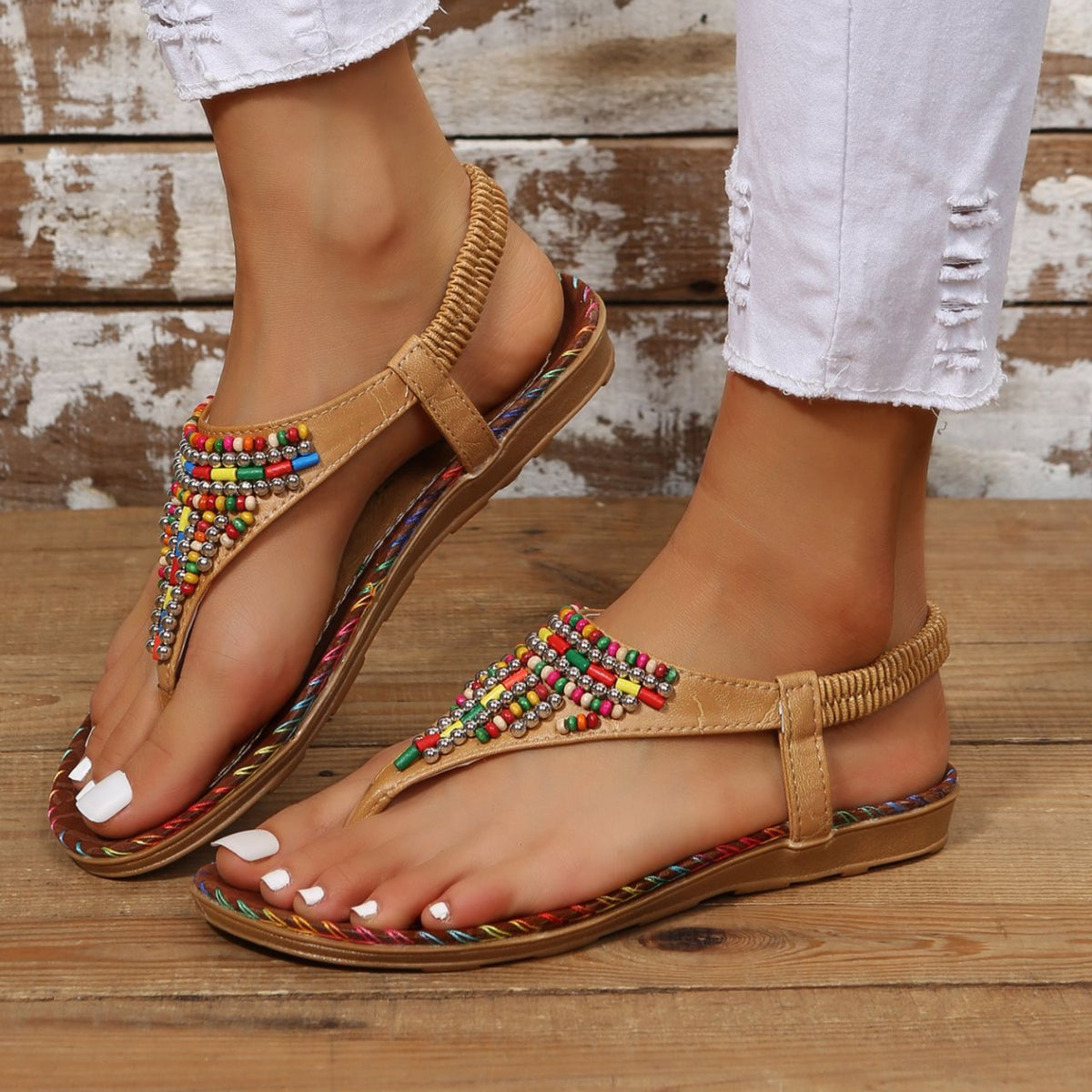 Beaded PU Leather Open Toe Sandals - felvior
