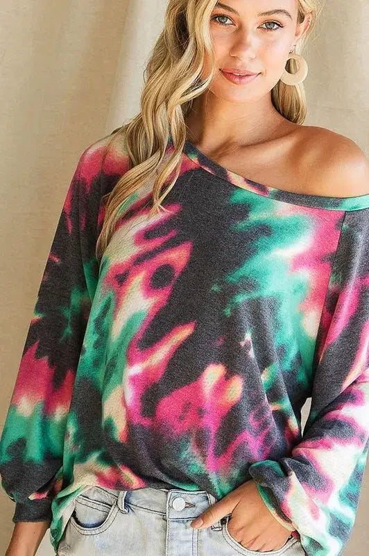 BiBi Tie Dye Print Terry Top with Puff Sleeves