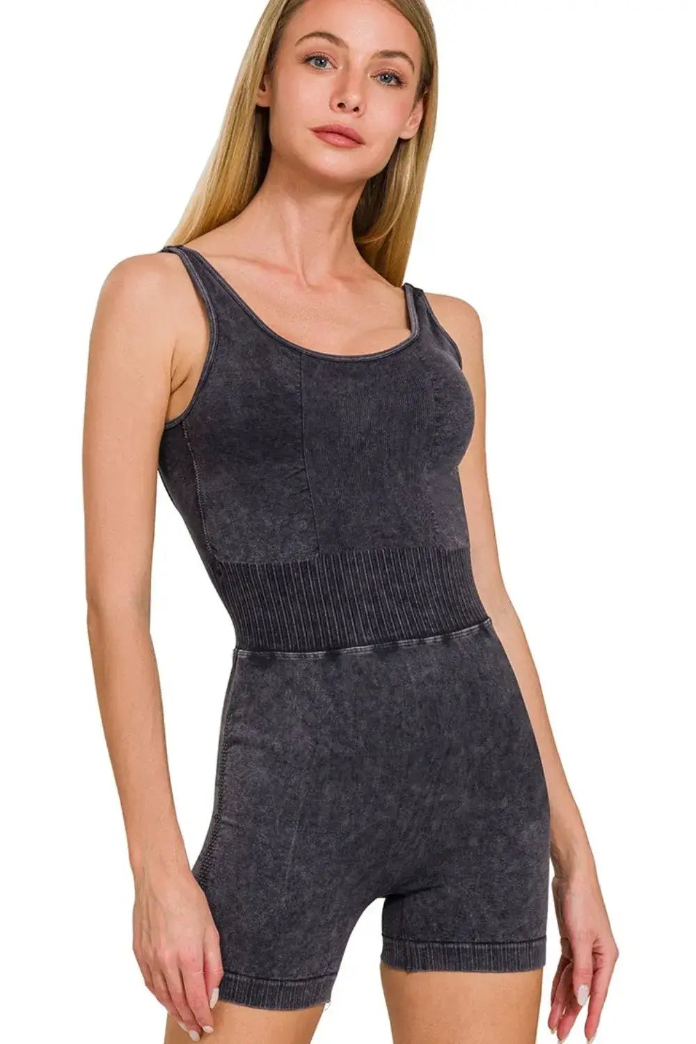 Zenana Washed Sports Romper With Removable Bra Pad
