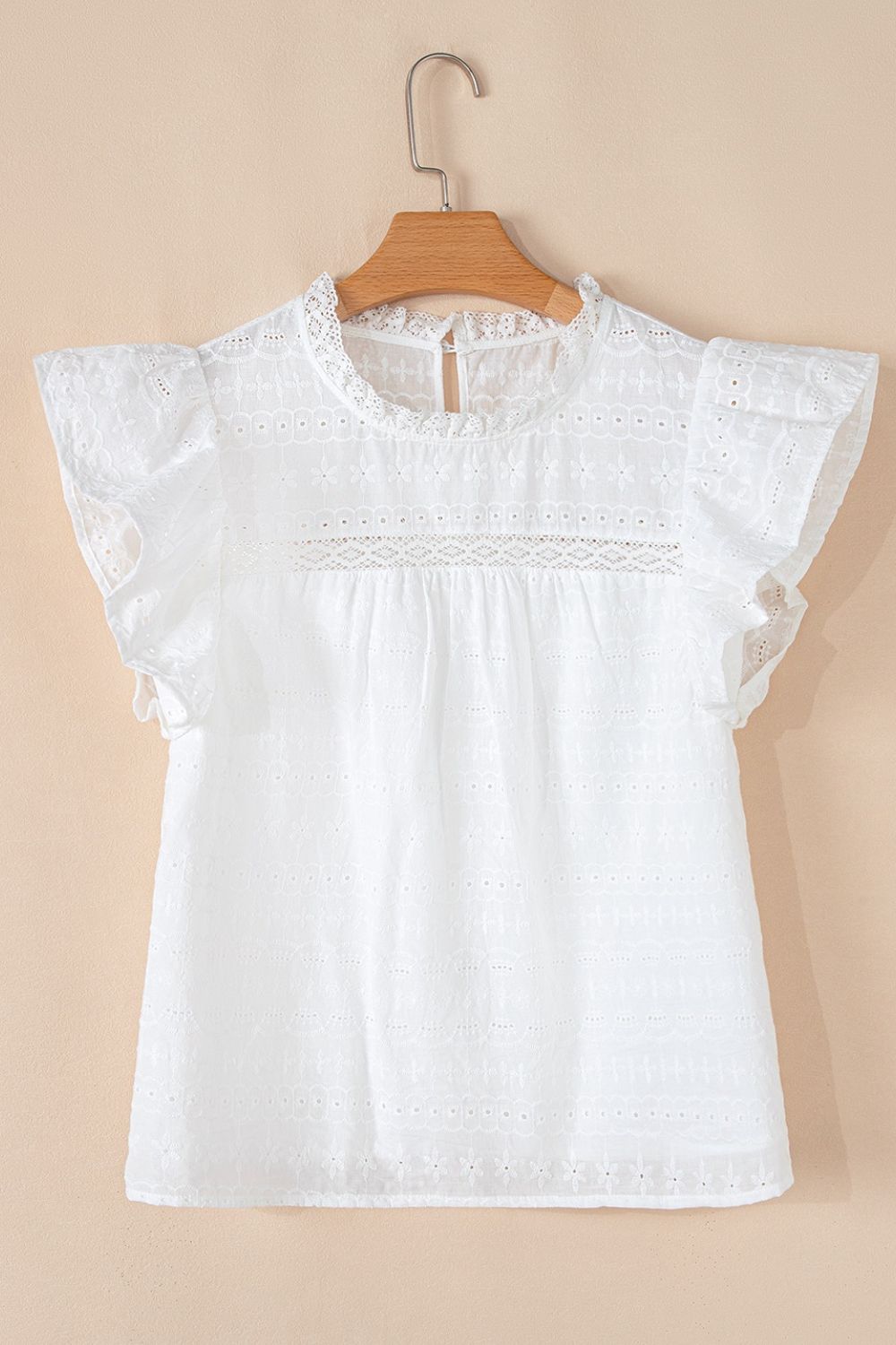 Lace Round Neck Flutter Sleeve Eyelet Blouse - felvior