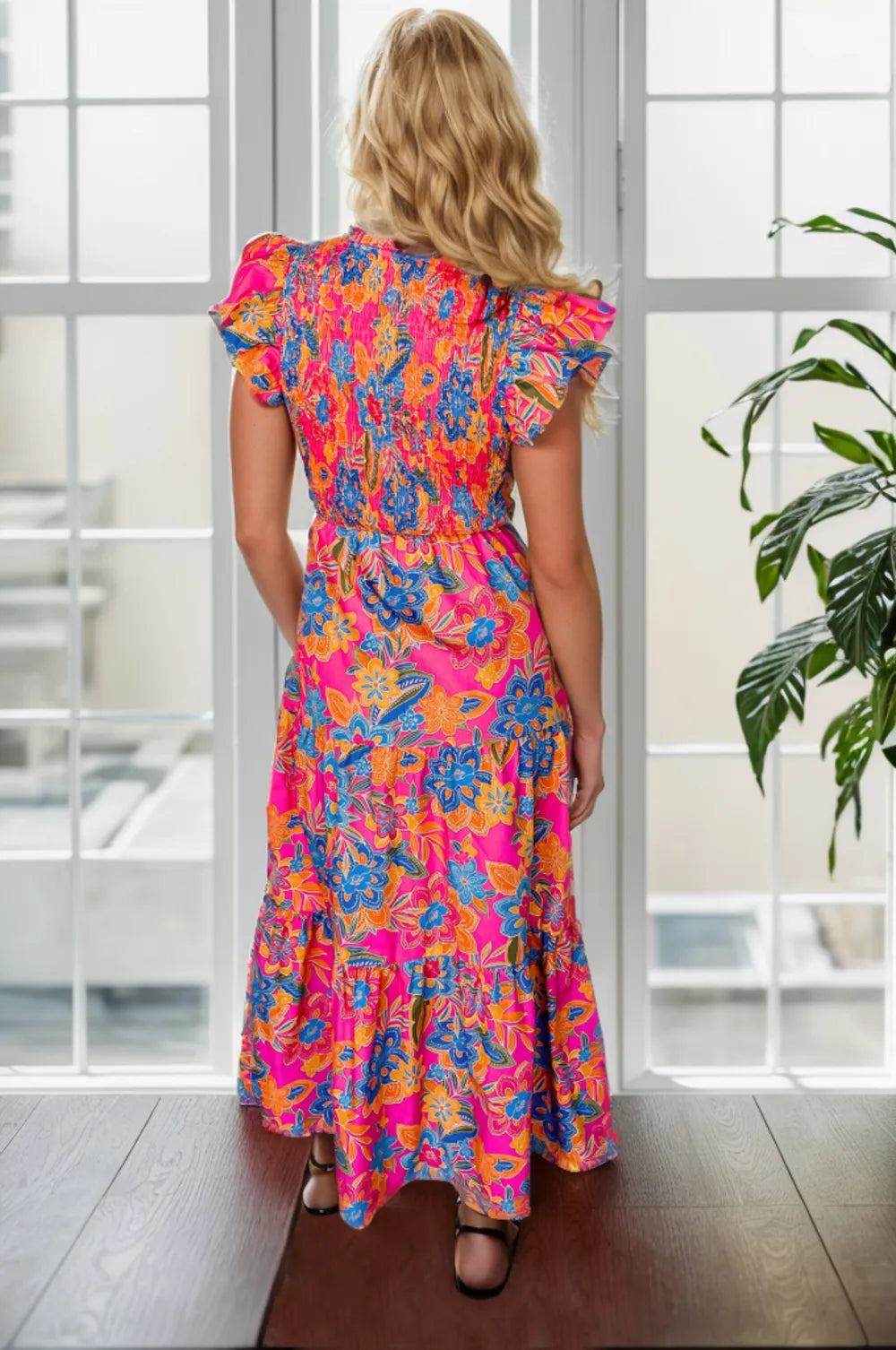 Printed V-Neck Cap Sleeve Pocketed Midi Dress Secondary image