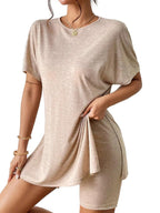 Slit Round Neck Short Sleeve Oversized Top and Shorts Set
