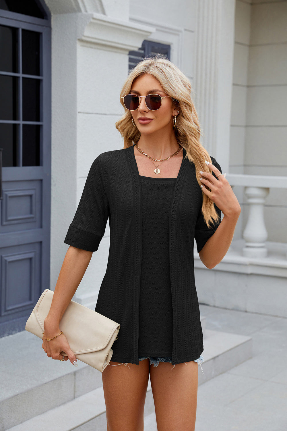 Texture Square Neck Short Sleeve Blouse
