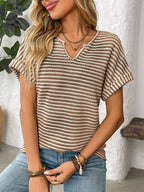 Striped Notched Short Sleeve T-Shirt