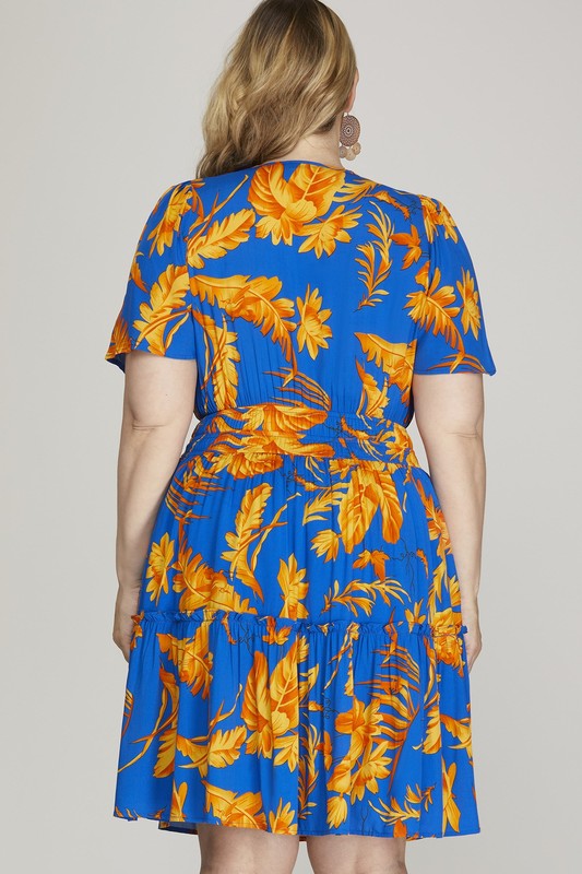 She + Sky Full Size Printed Notched Short Sleeve Frill Tiered Dress Plus Size - felvior