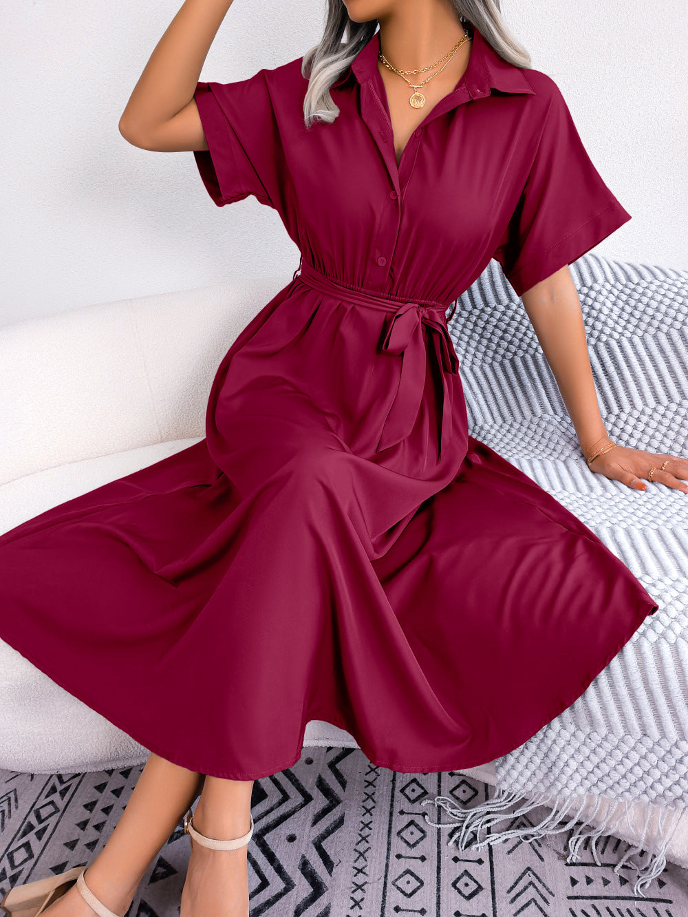 Short Sleeve Collared Tie Belt Dress - felvior