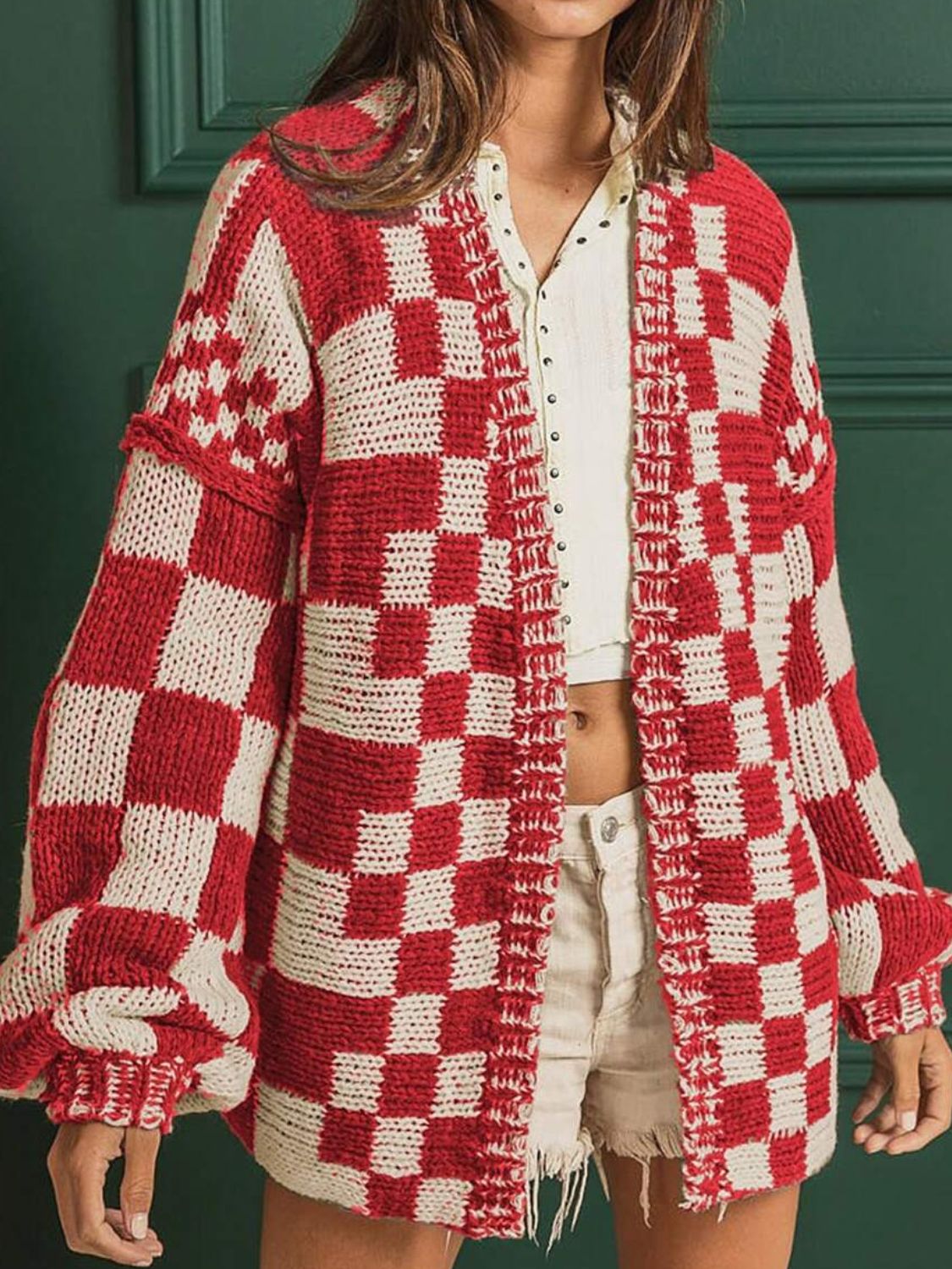 Checkered Open Front Long Sleeve Cardigan - felvior