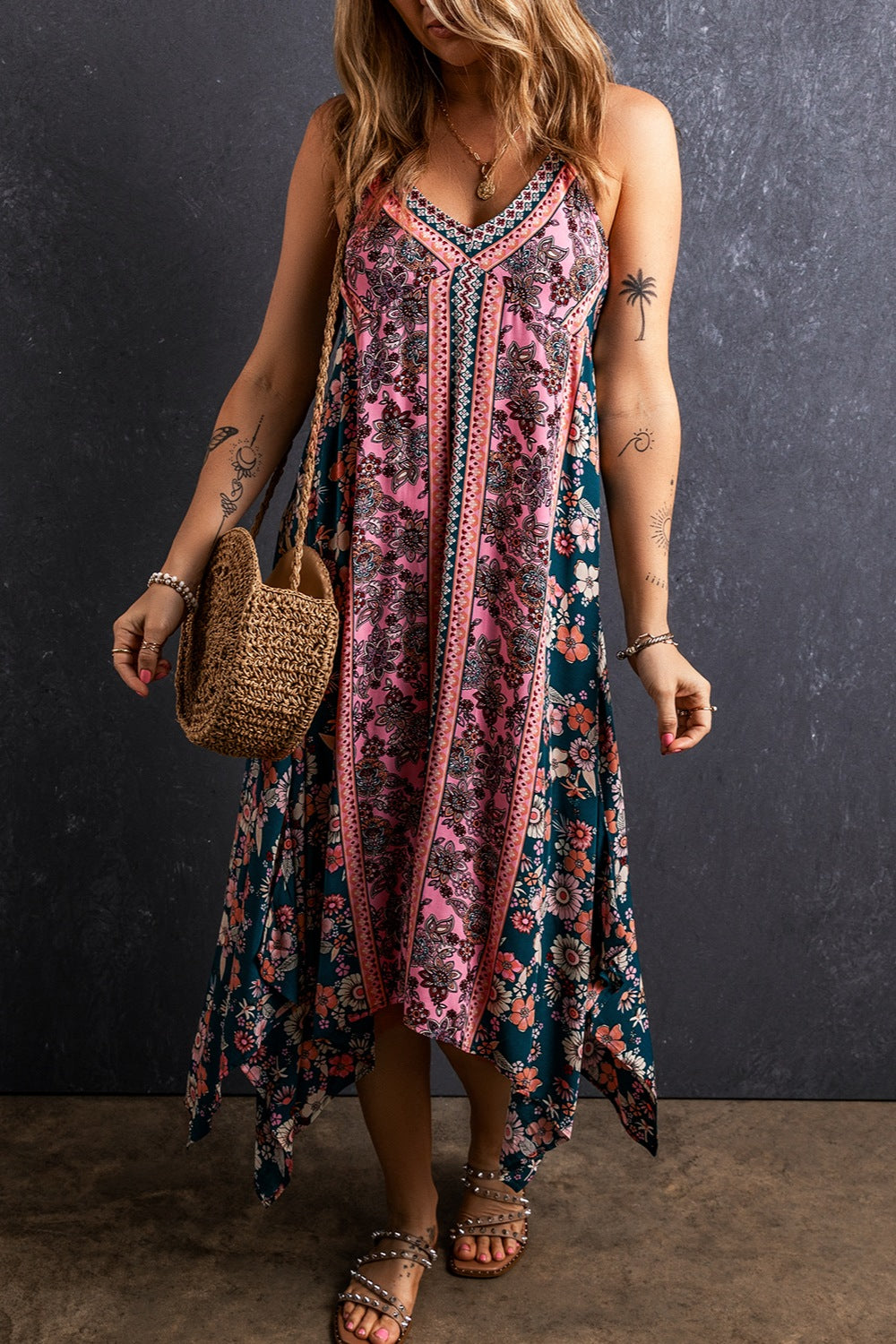Printed V-Neck Midi Cami Dress - felvior