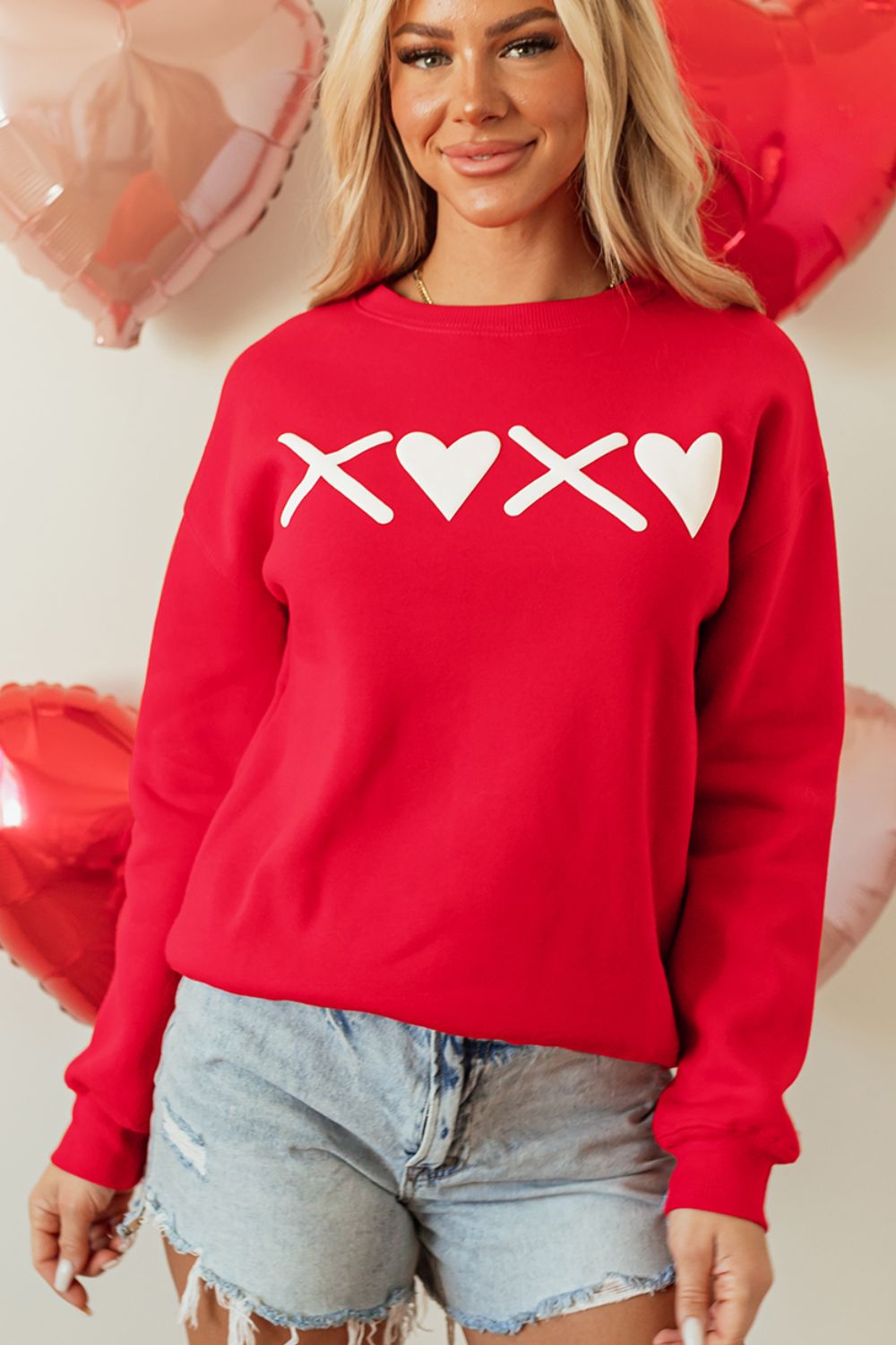 Valentinstag XOXO Sweatshirt mit Rundhalsausschnitt und überschnittenen Schultern Zweitbild