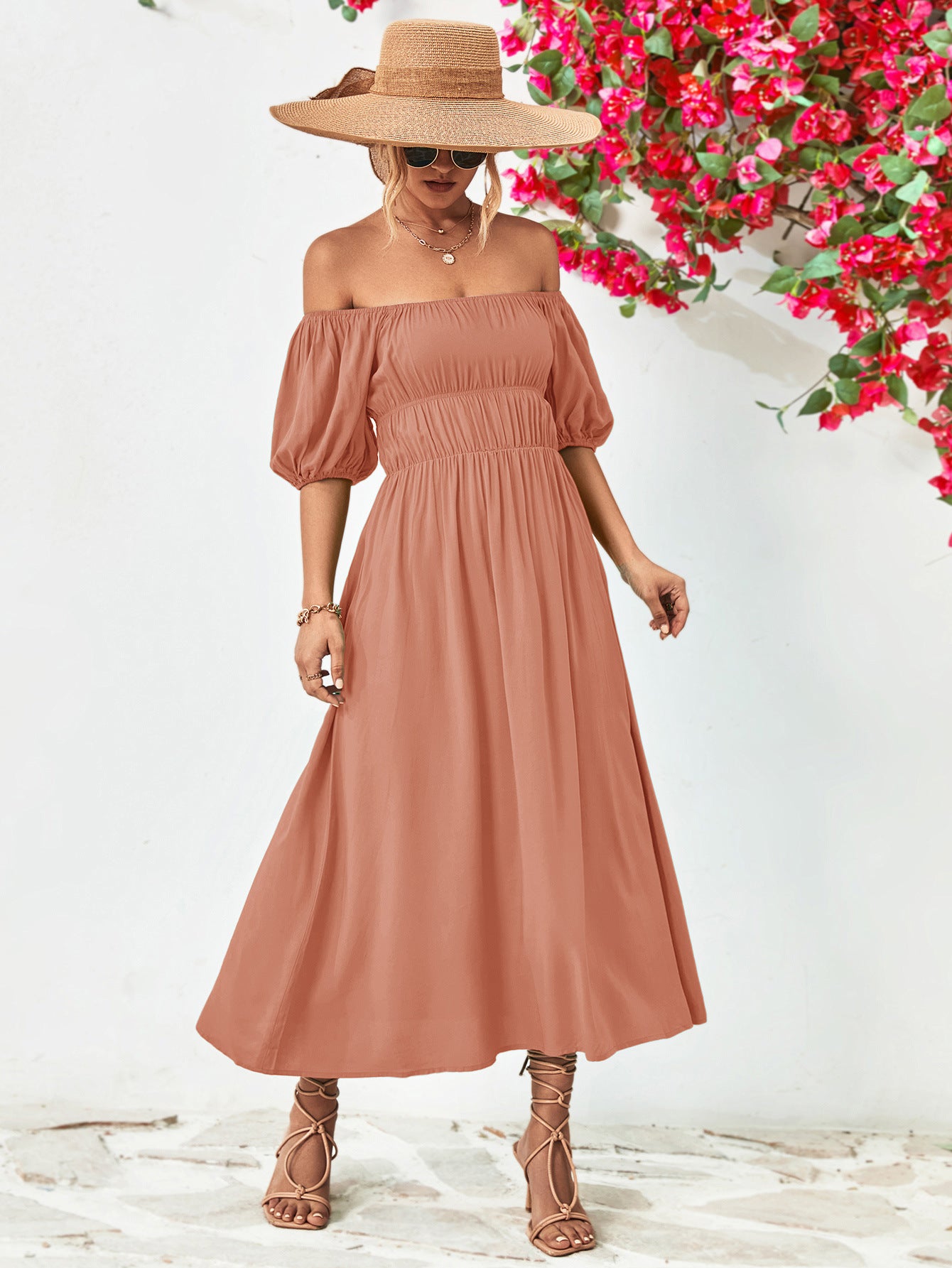 Off-Shoulder Balloon Sleeve Midi Dress - felvior