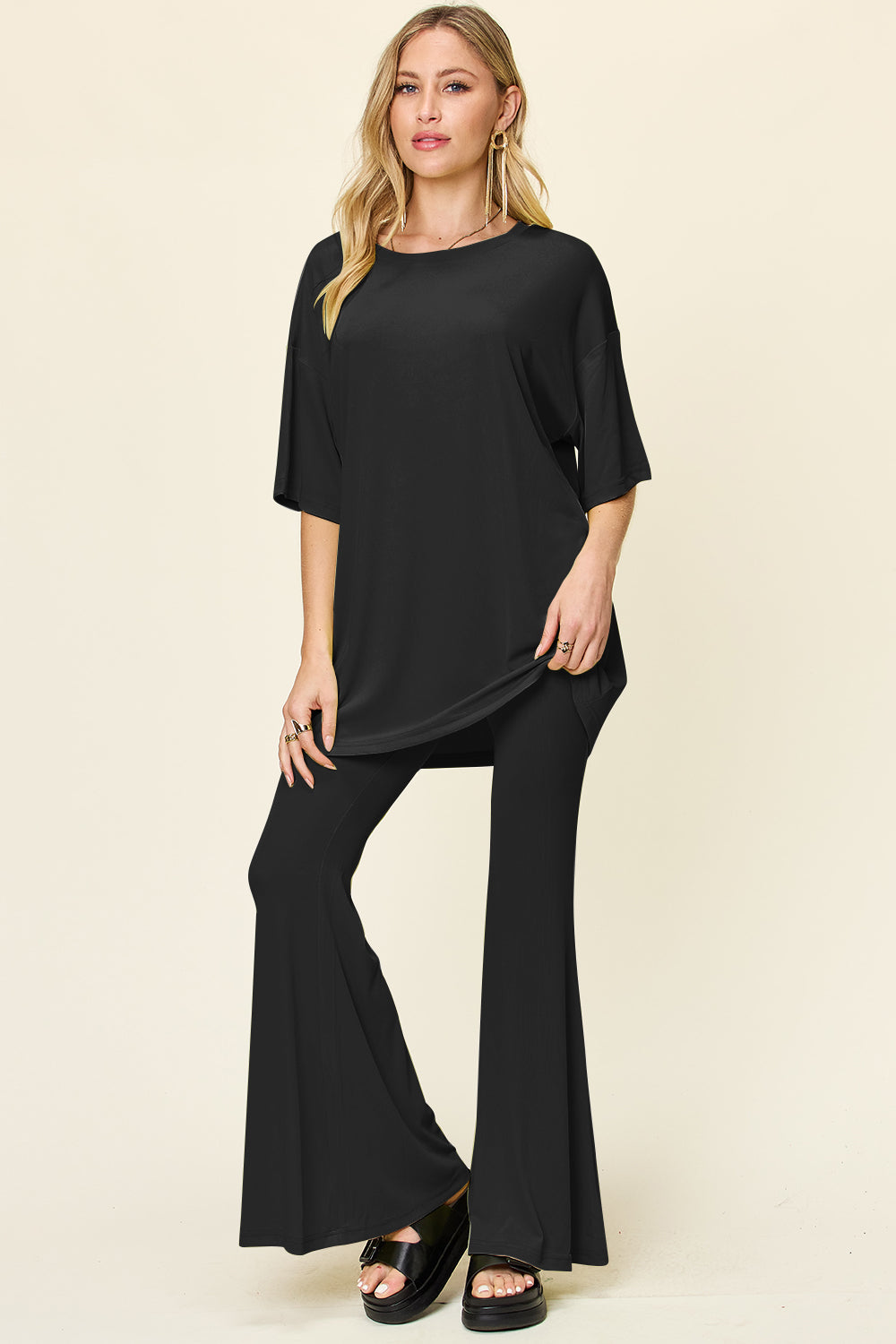 Double Take Full Size Round Neck Drop Shoulder T-Shirt and Flare Pants Set - felvior