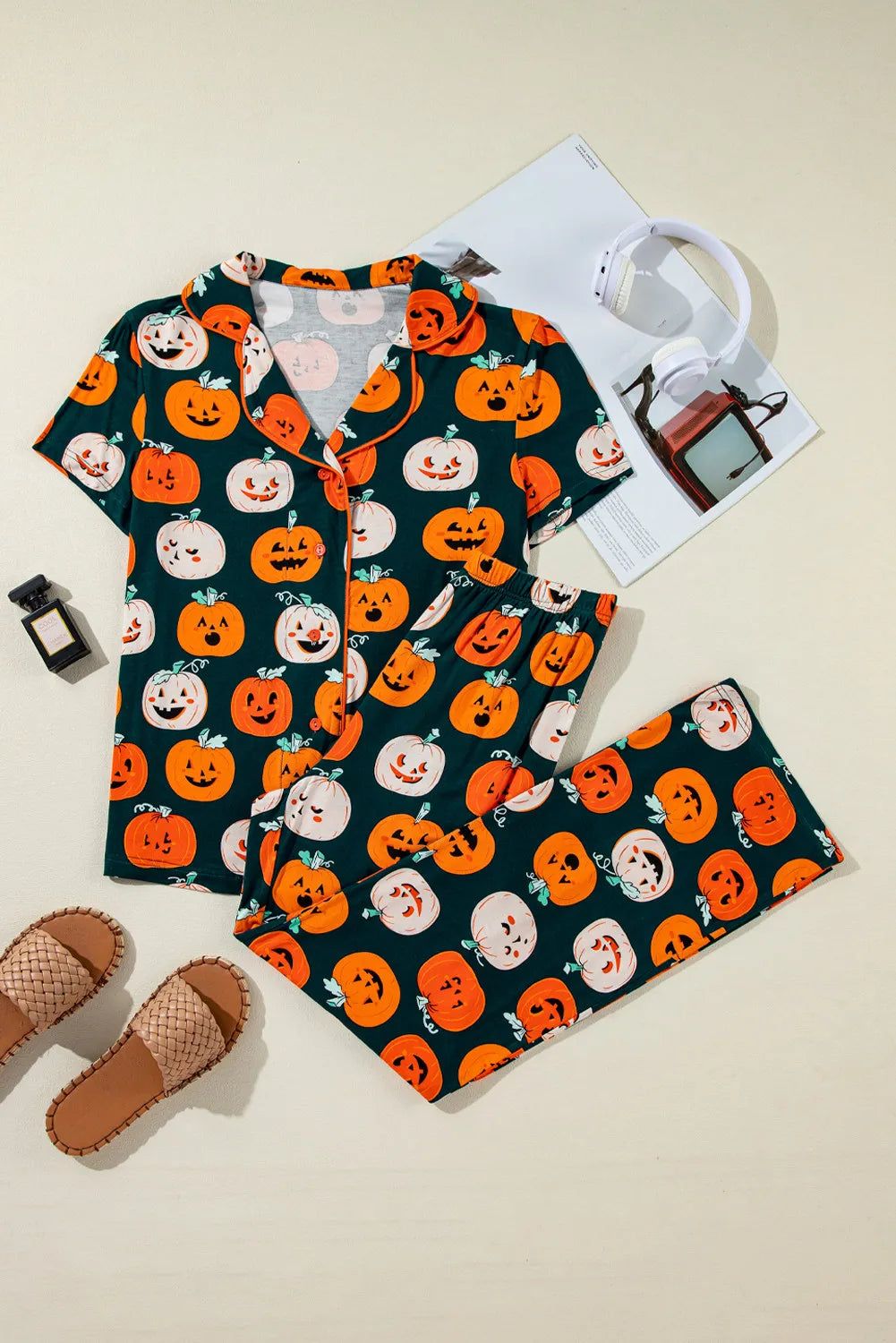 Pumpkin Printed Short Sleeve Top and Pants Lounge Set - felvior