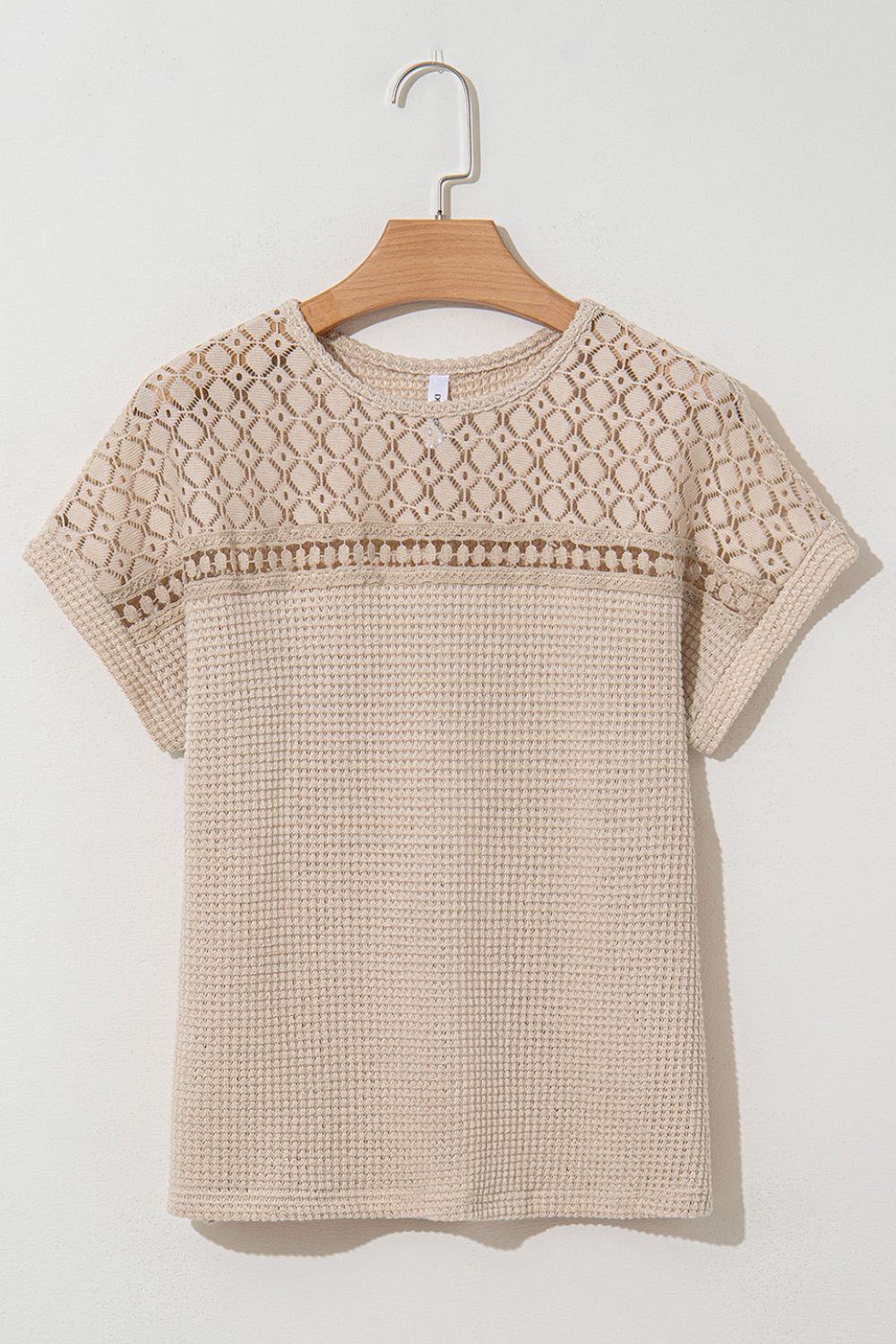 Lace Patchwork Waffle Short Sleeve Knit Top - felvior