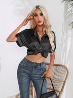 Button Down Collared Neck Short Sleeve Satin Shirt