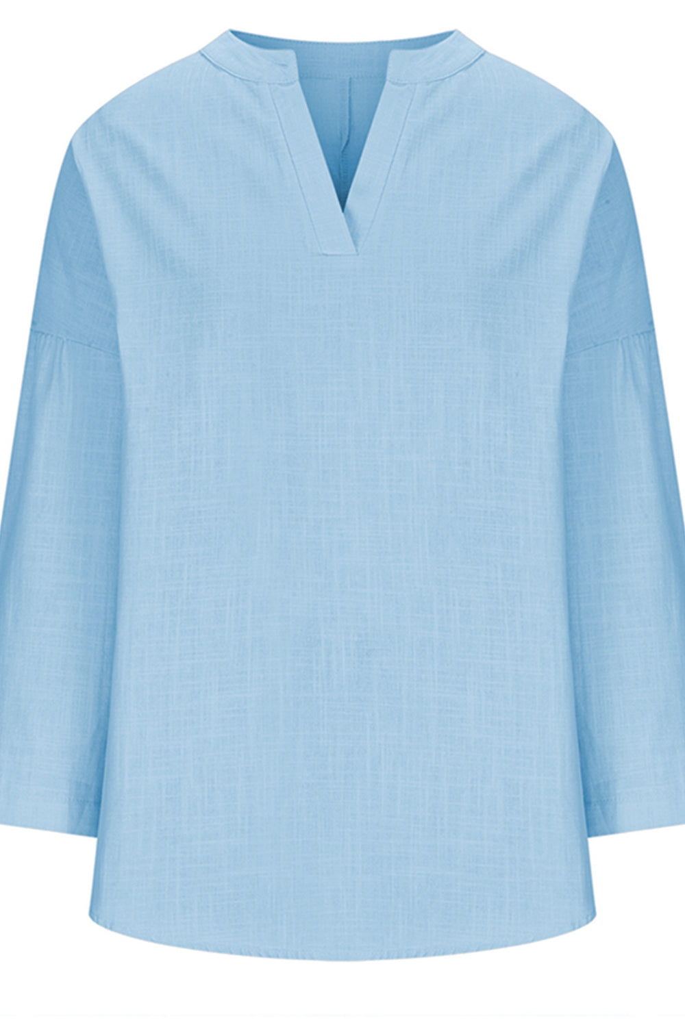 Solid Color Notched Long Sleeve Blouse - felvior
