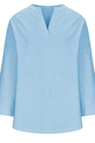 Solid Color Notched Long Sleeve Blouse - felvior