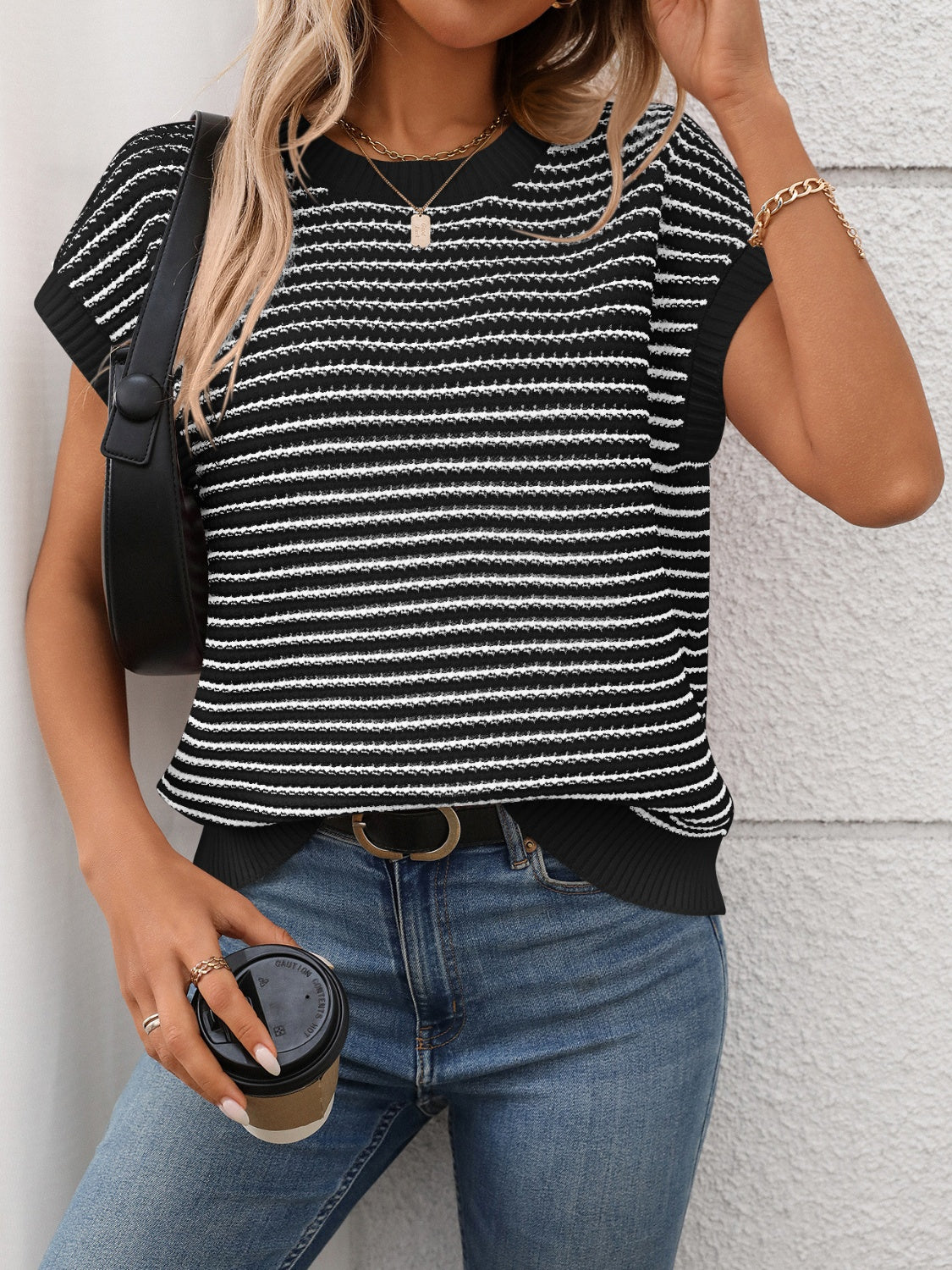 Striped Round Neck Short Sleeve Knit Top - felvior