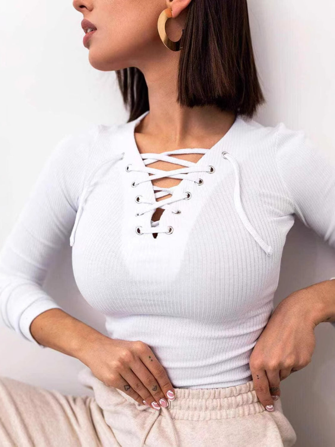 Lace Up Long Sleeve T-Shirt