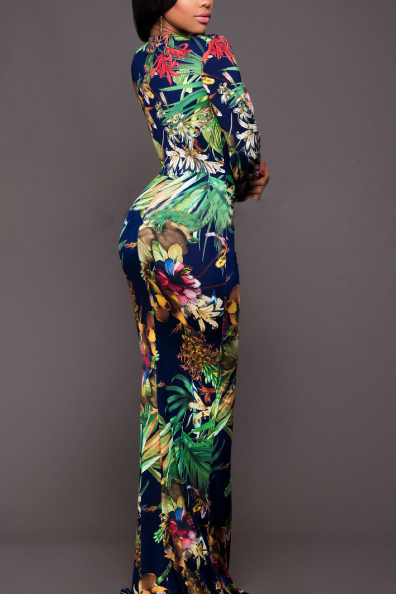 Printed Plunge Neck Leg Split Maxi Dress - felvior