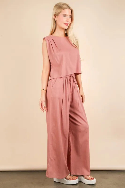 VERY J Solid Woven Top & Pants Set