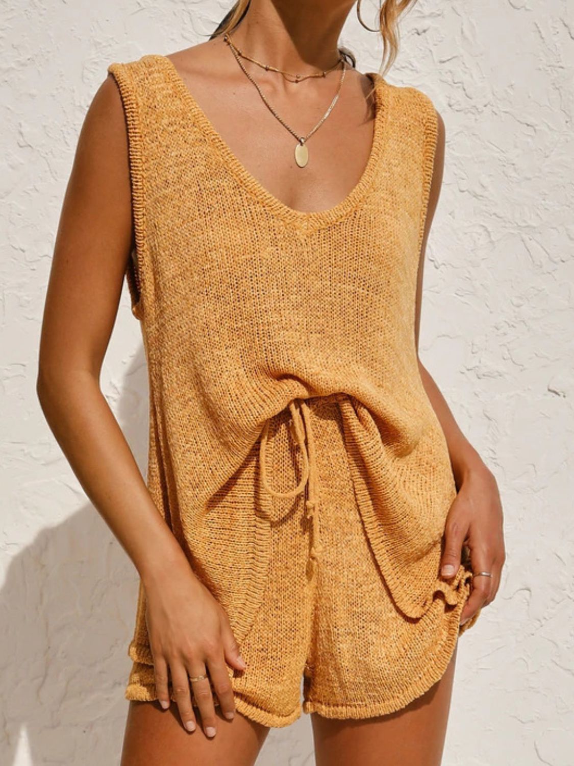 V-Neck Sleeveless Top and Drawstring Shorts Sweater Set - felvior