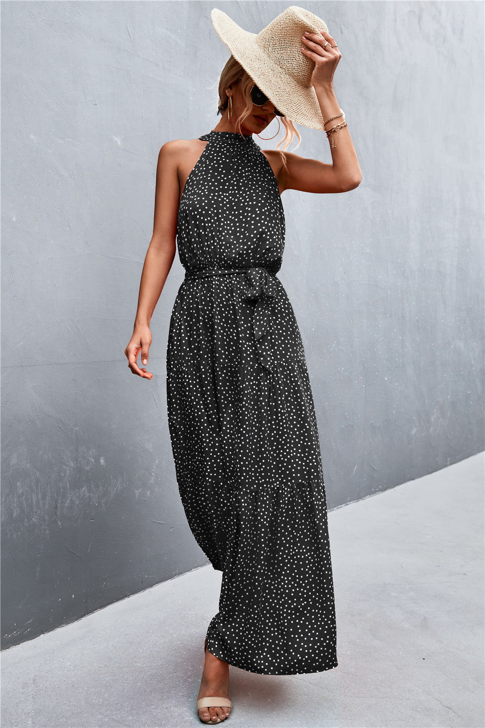 Printed Sleeveless Tie Waist Maxi Dress - felvior