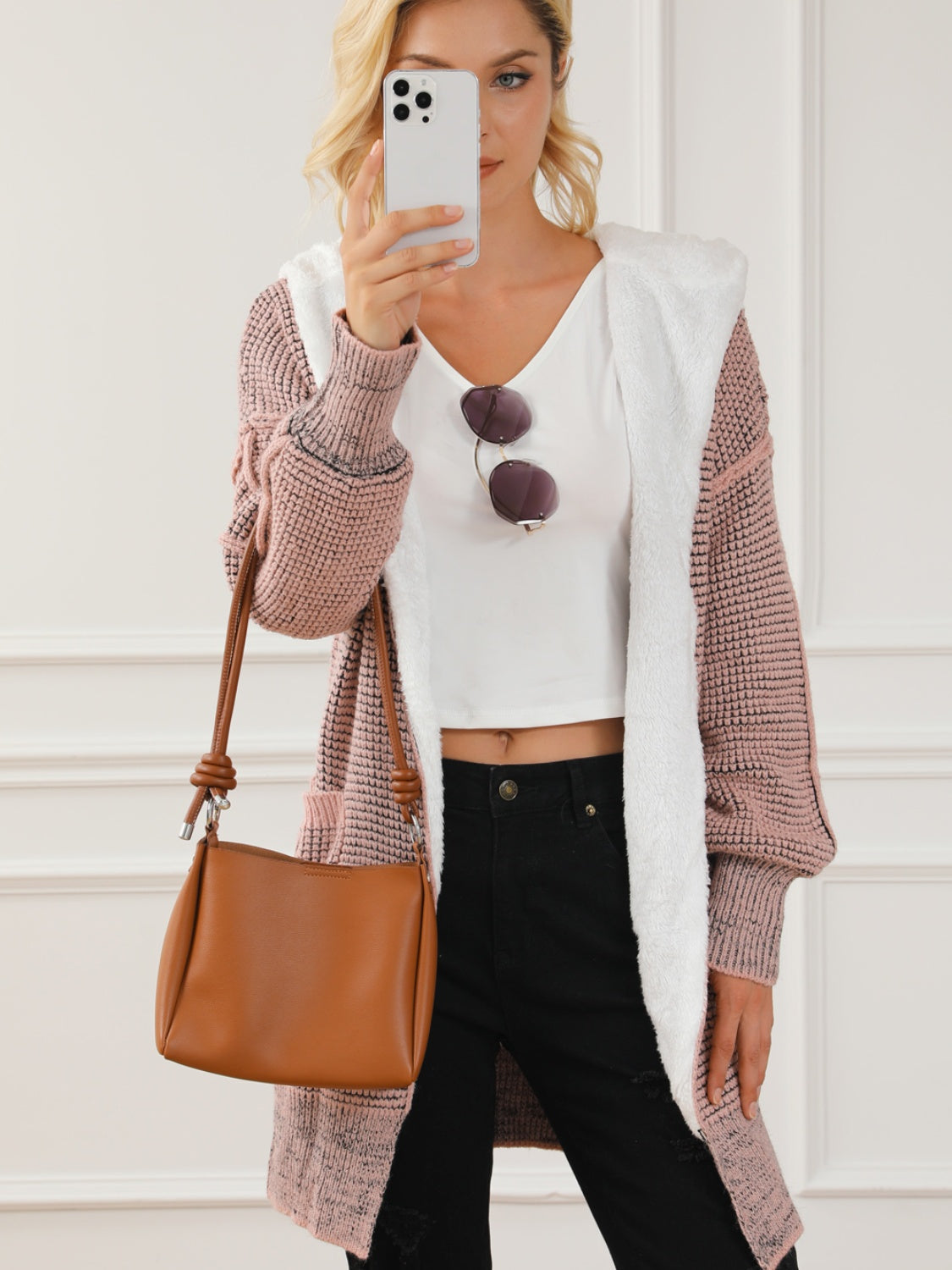 Open Front Hooded Winter Coat with Pockets - felvior