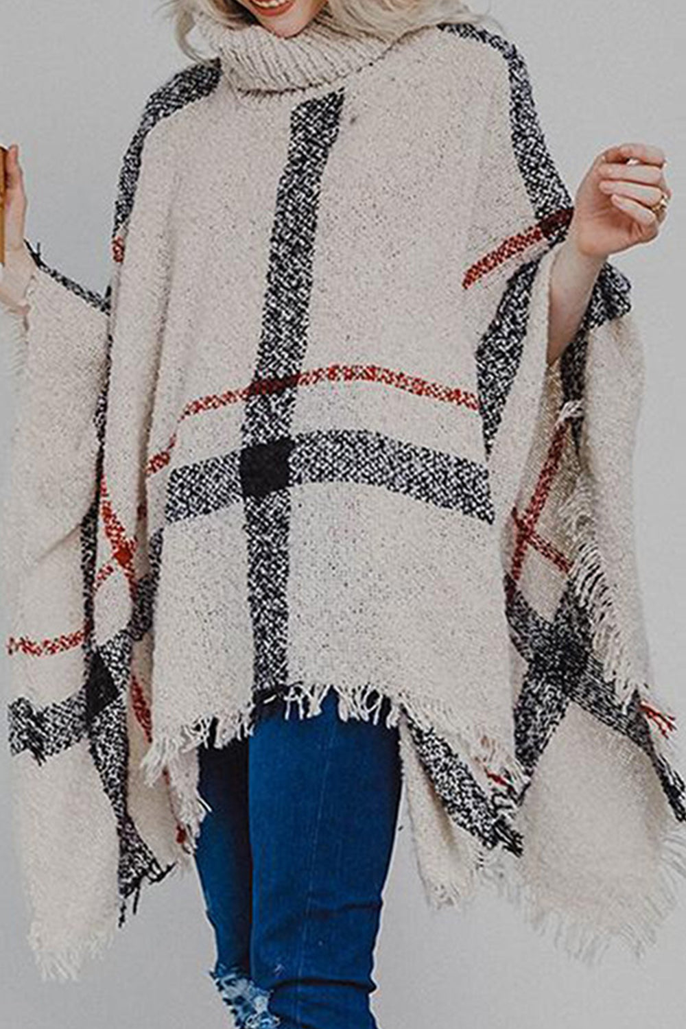 Plaid Turtleneck Raw Hem Poncho - felvior