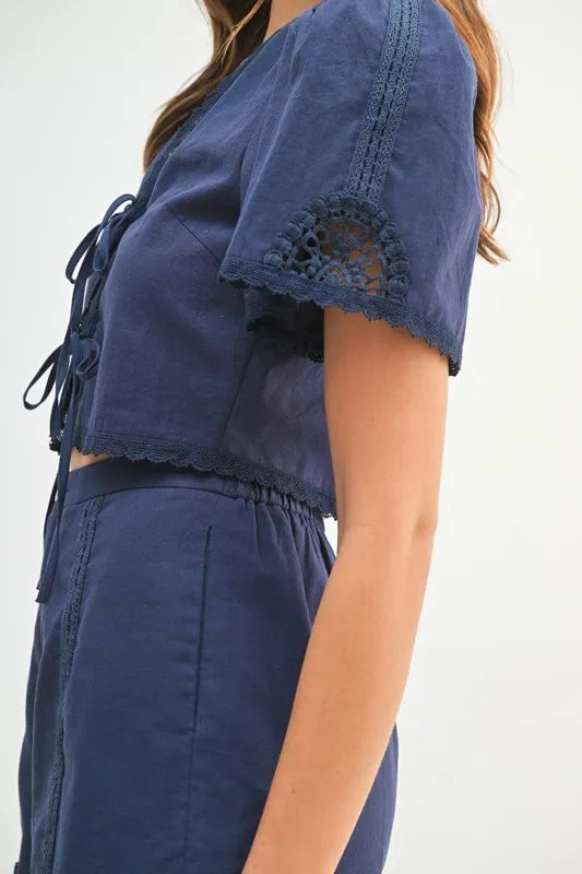 MABLE Crochet Lace Detail Crop Top and Shorts Set - felvior