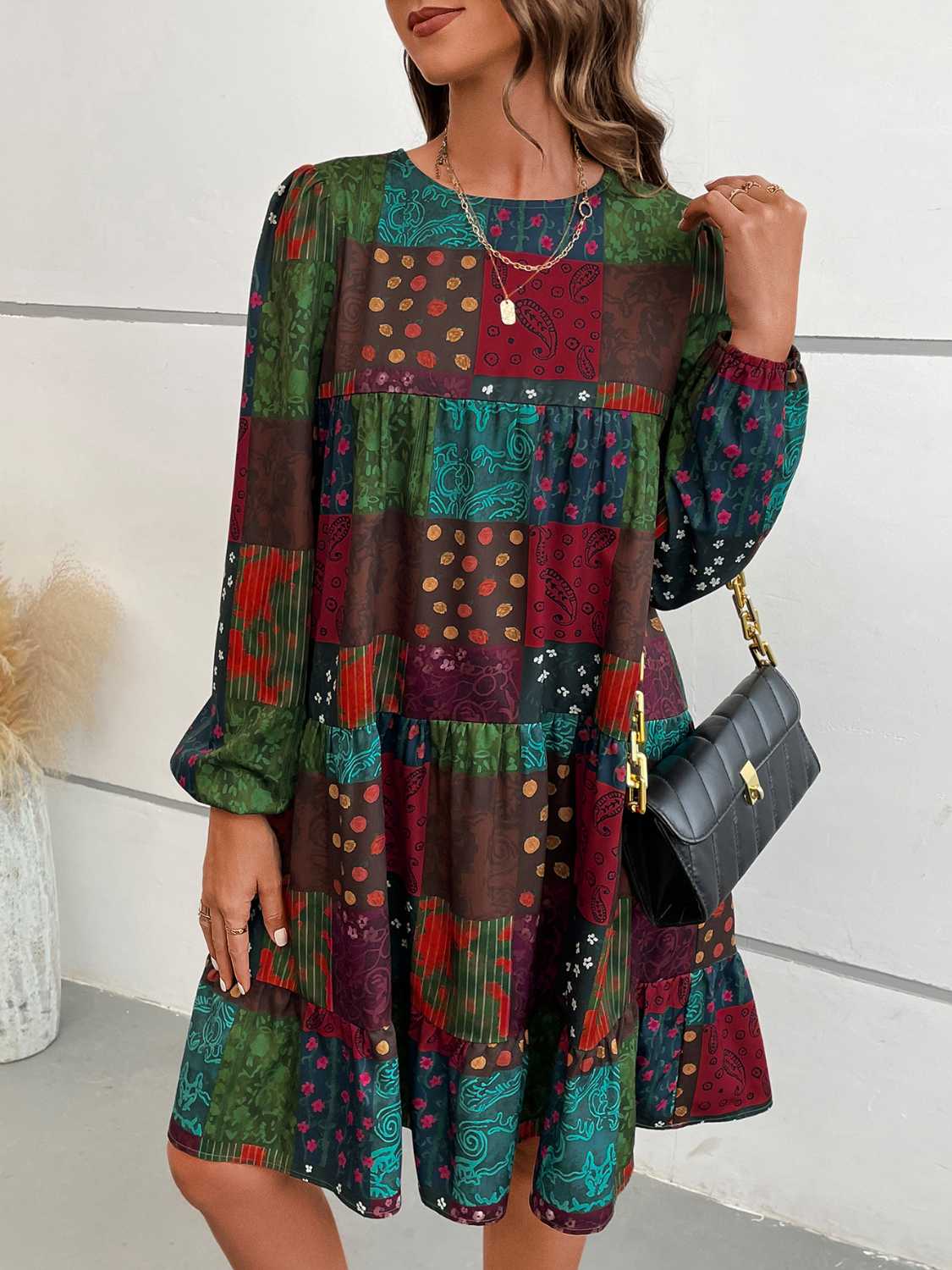 Patchwork Round Neck Long Sleeve Dress - felvior
