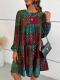 Patchwork Round Neck Long Sleeve Dress - felvior