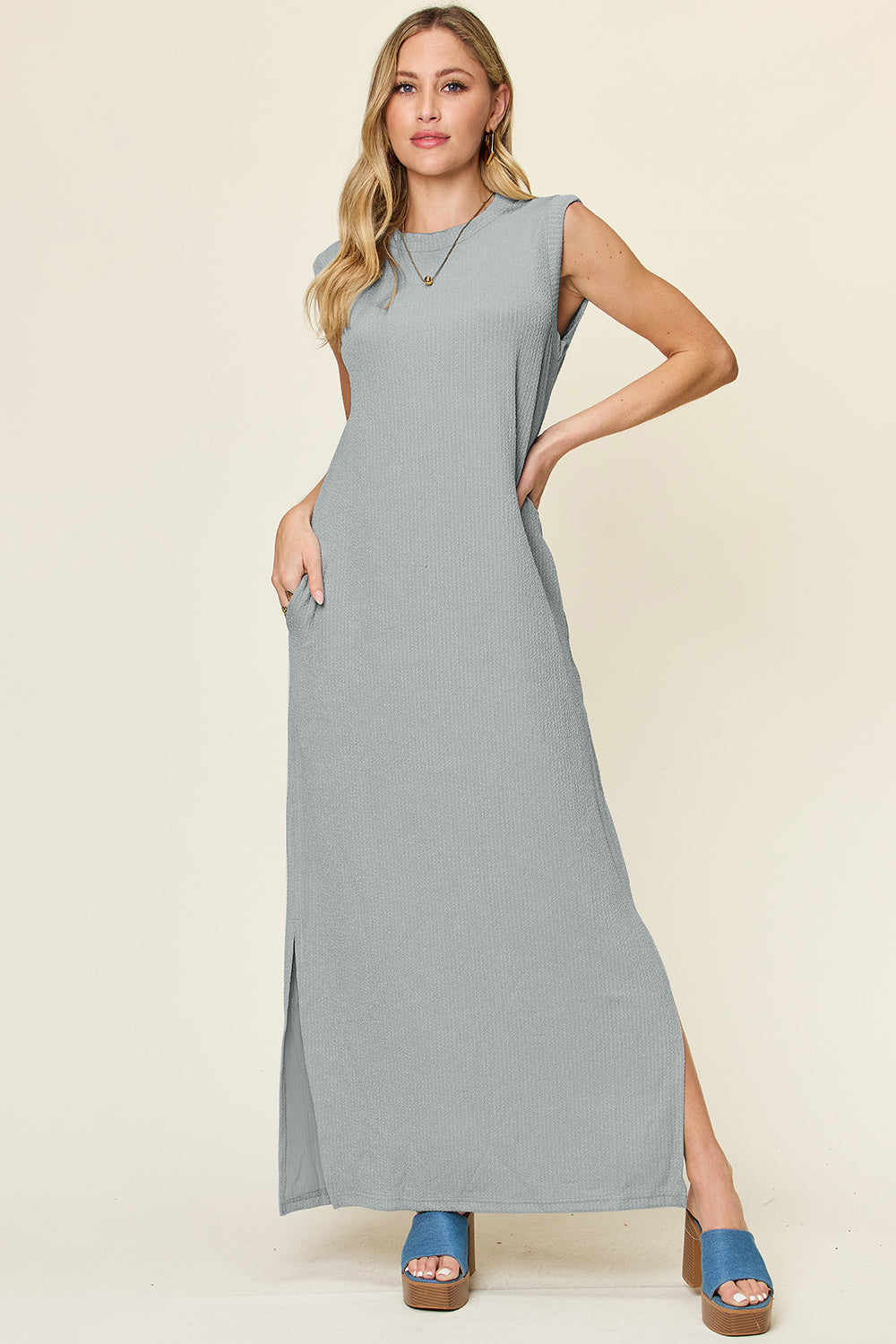 Double Take Full Size Texture Mock Neck Sleeveless Maxi Dress - felvior