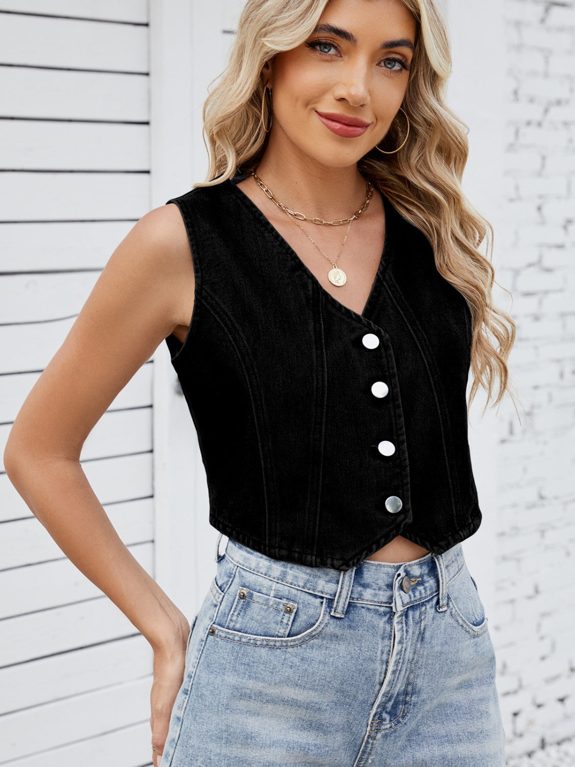 V-Neck Button Down Denim Vest - felvior