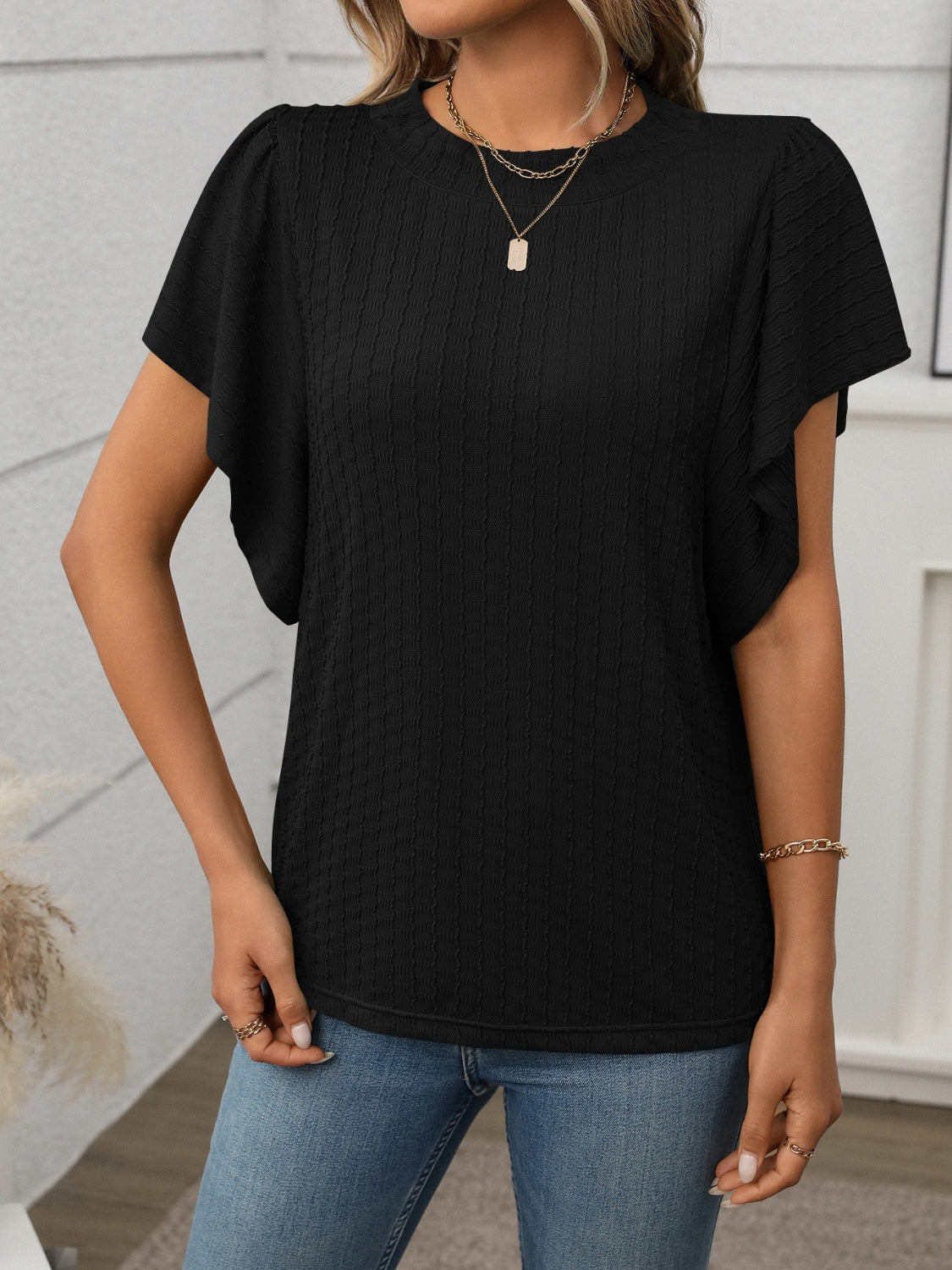 Round Neck Flutter Sleeve T-Shirt
